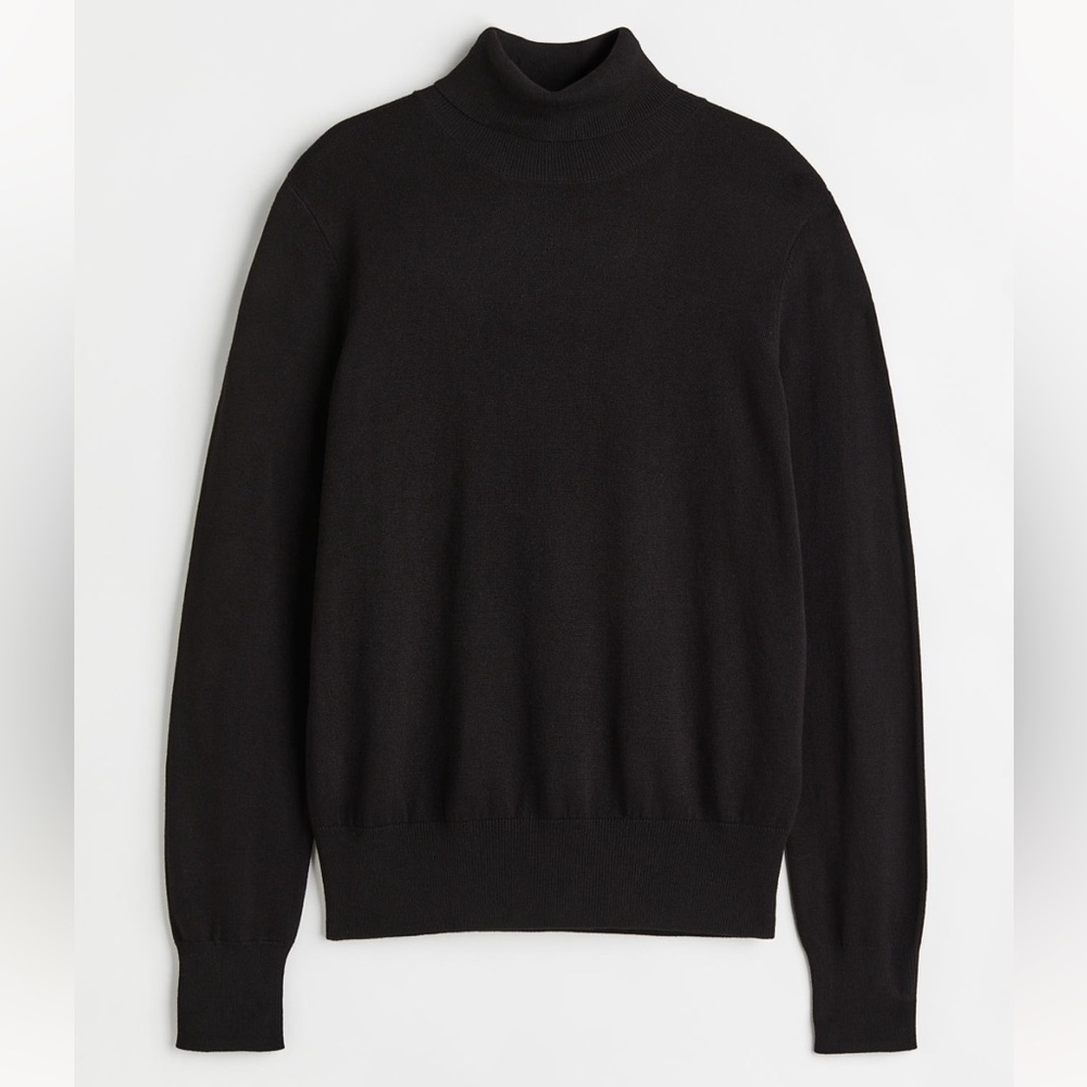 H&M Fine-knit Turtleneck Sweater, Black, Light beige melange, M